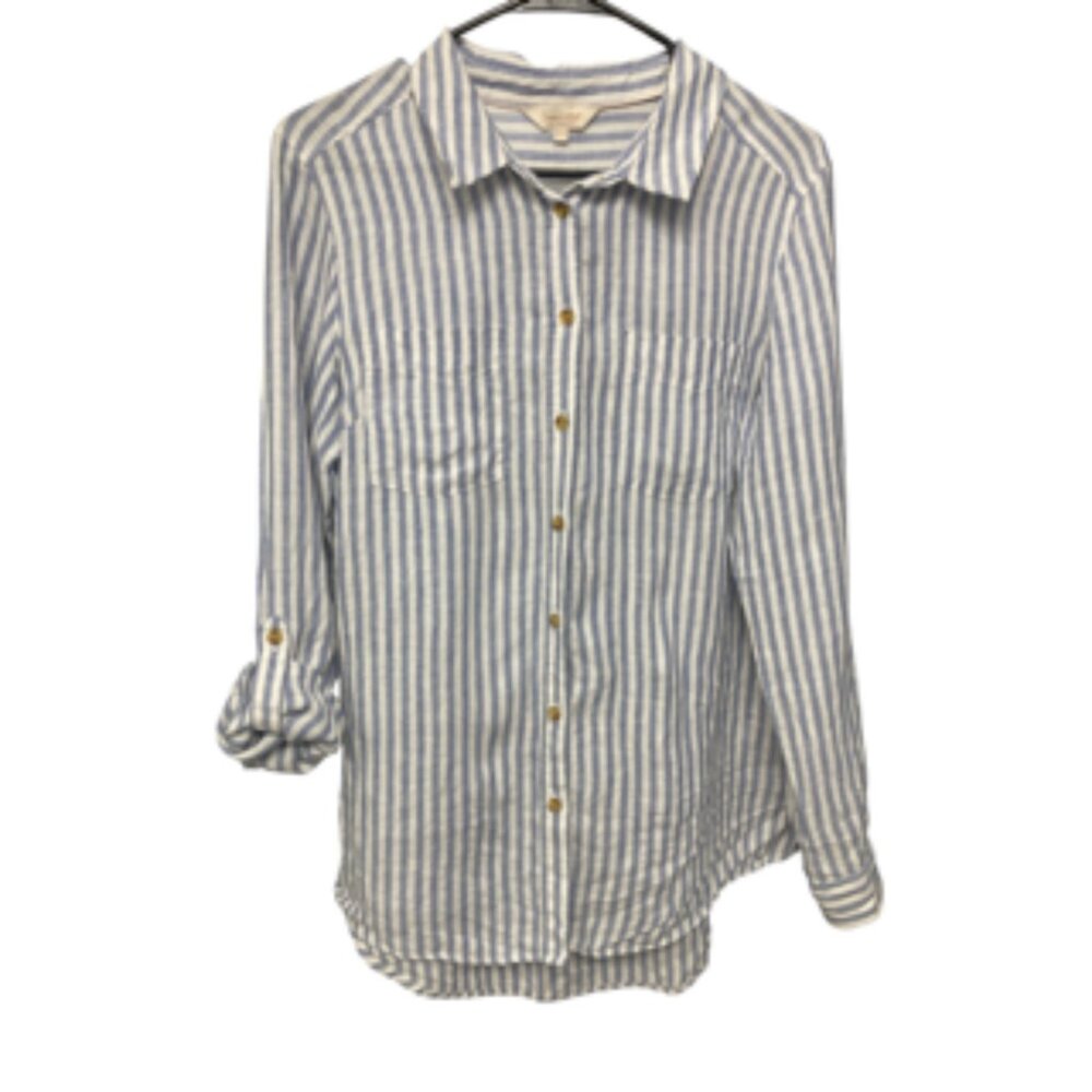 100% Linen Classic Women's F&F Shirt, Blue and White, Size 10 Large, Summer